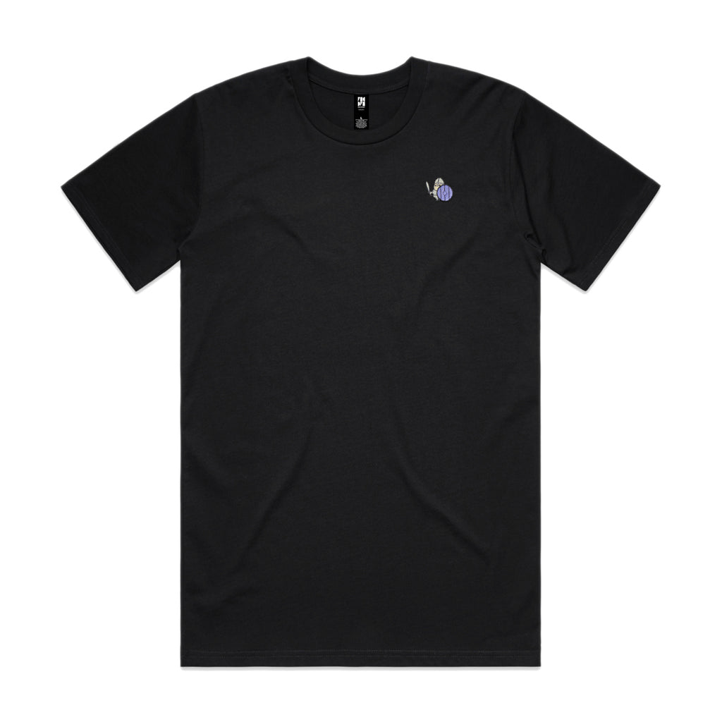 Sword and shield wielding warrior character on a premium AS Colour Classic tee in black