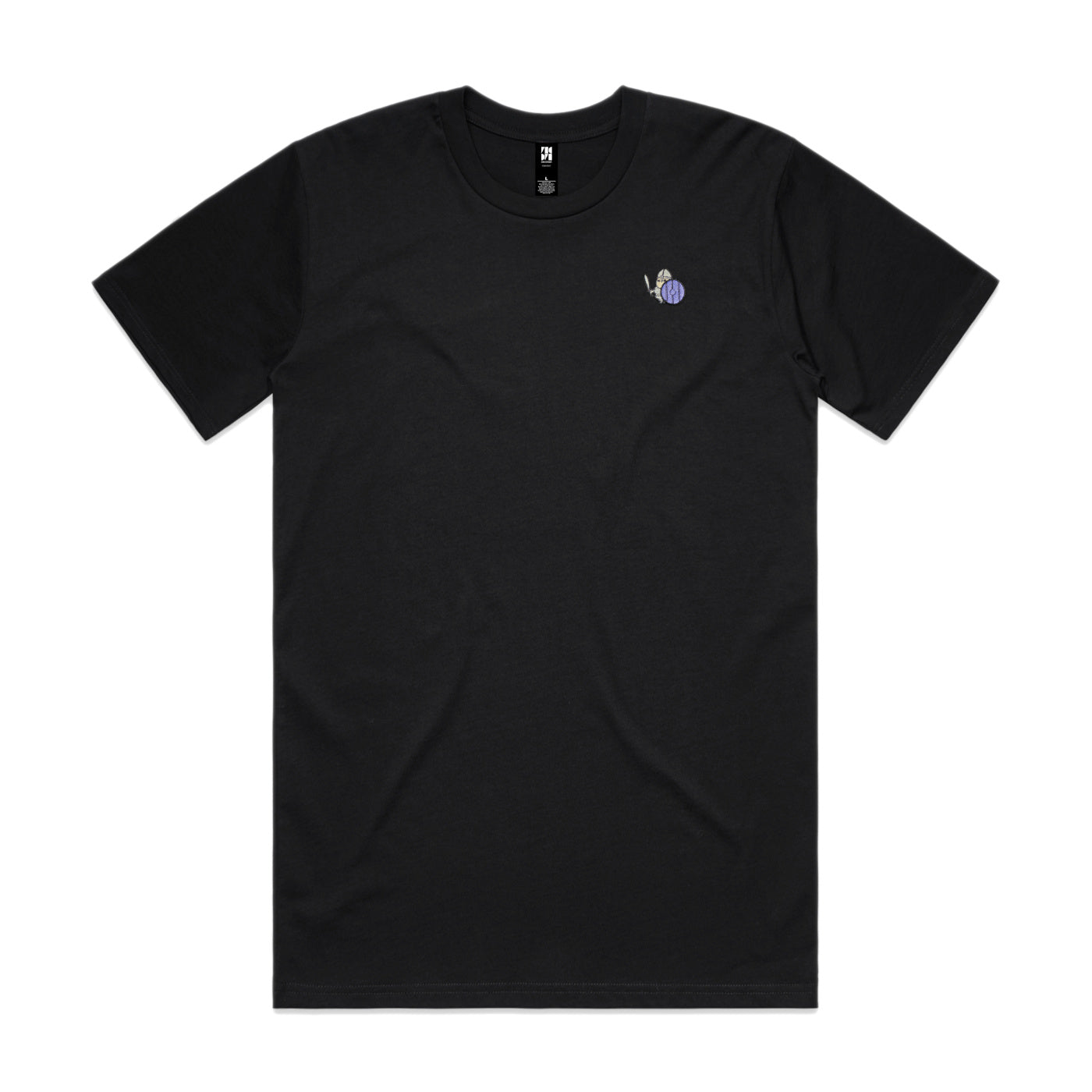 Sword and shield wielding warrior character on a premium AS Colour Classic tee in black